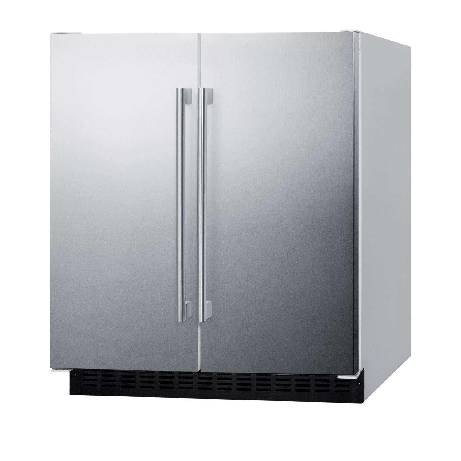 Frost-free side-by-side refrigerator-freezer for built-in or freestanding use with white cabinet, stainless steel doors, door storage, and digital controls